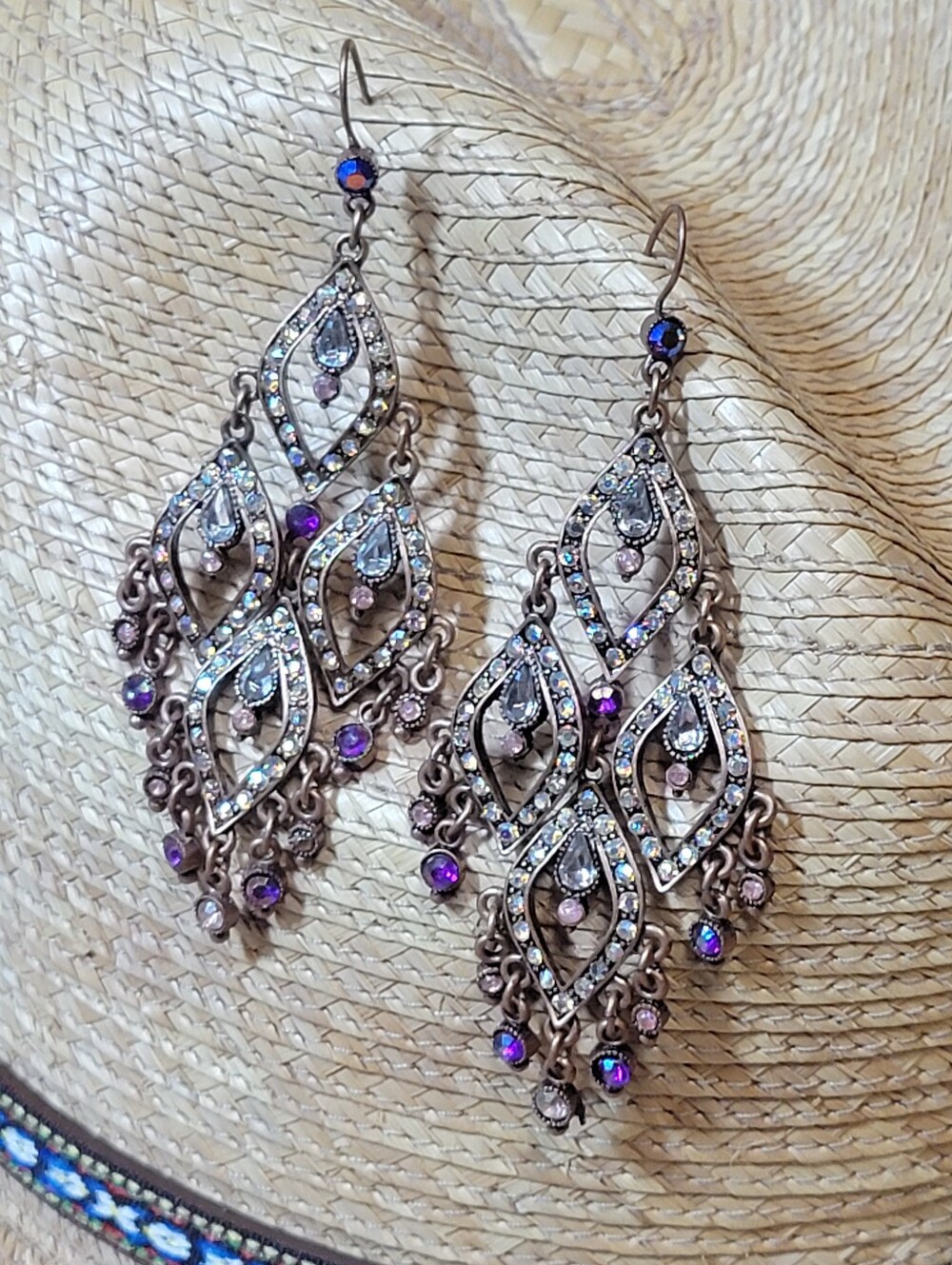 Bohemian Filigree Chandlier Dangle Earrings in Purple Pinkand Iridescent Crystal - Picture 5 of 8
